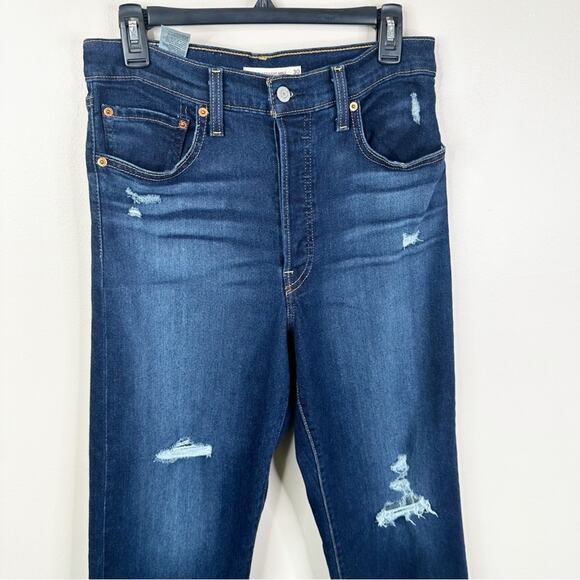 Levi's Jeans Womens 30 Ribcage Straight Ankle Dark Wash Blue Distressed - Picture 2 of 9